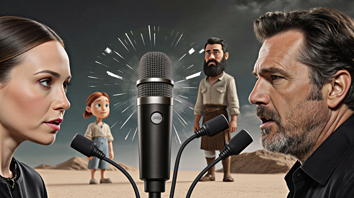 Microphones being spliced together with a hand showing human touch to mix voices with subtle animation background