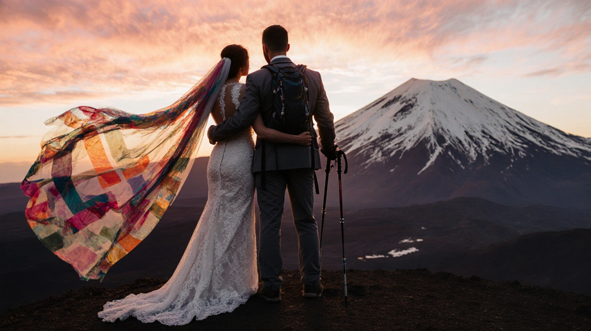 Bride and groom stand back-to-back at volcano summit with colorful veil blowing in sunset light