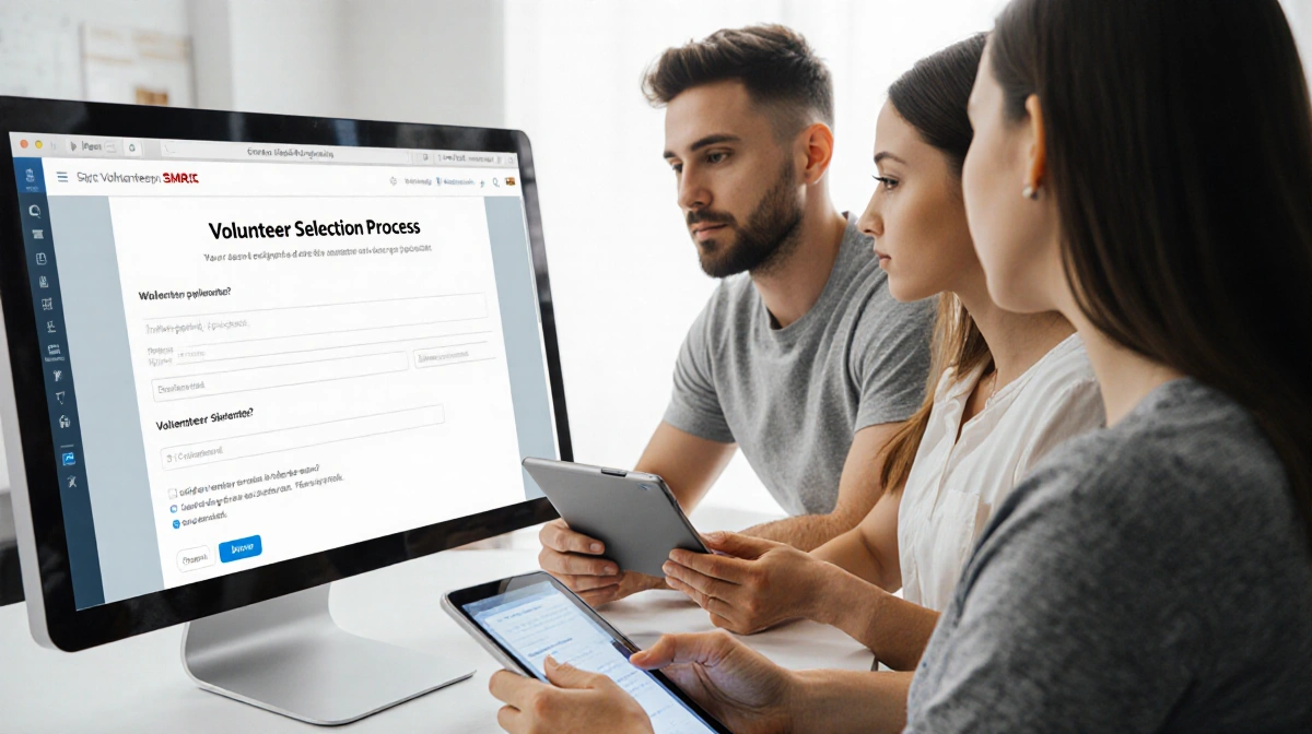 Volunteer reviewing application with tablet glow and expectant peers nearby.