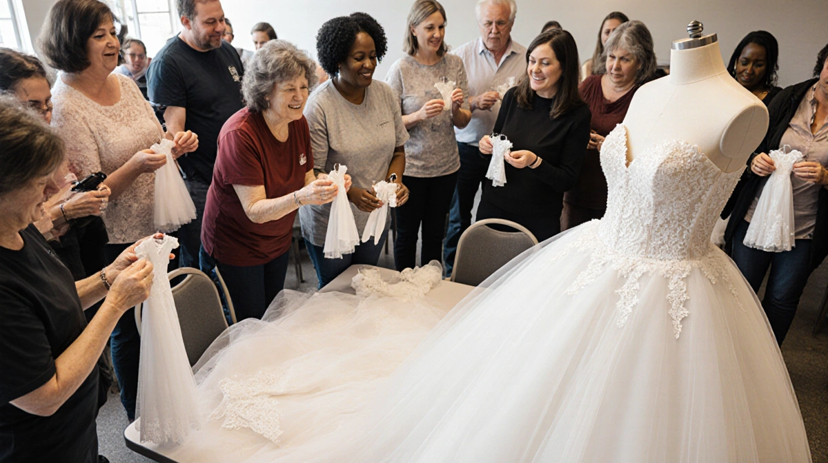 Volunteers transform wedding dresses into Angel Gowns with tiny garments on table and lace background