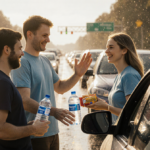 Ollie Pulleyblank and Zara Best offering water and snacks to a smiling driver with traffic blurred behind