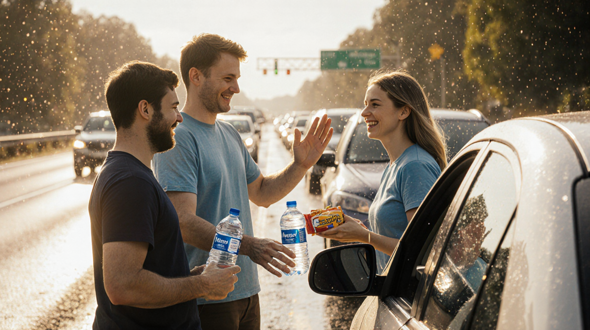 Ollie Pulleyblank and Zara Best offering water and snacks to a smiling driver with traffic blurred behind