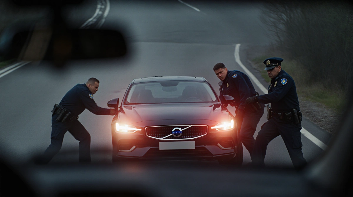 Volvo sedan speeding down road with police officers chasing and brake lights glowing red