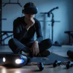 Frustrated person sits slumped with abandoned VR fitness headset and controllers on floor showing failed virtual workout