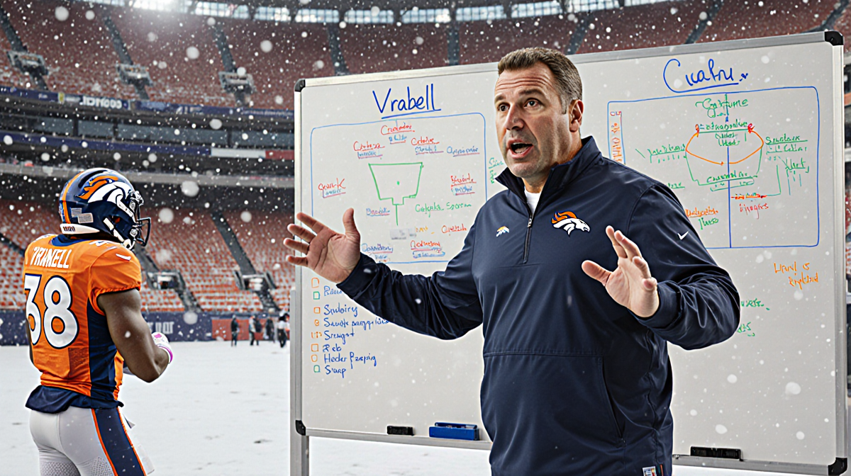 Coach Vrabel gesturing with whiteboard of football strategies and snowy backdrop of Denver stadium old jerseys hinting strugg