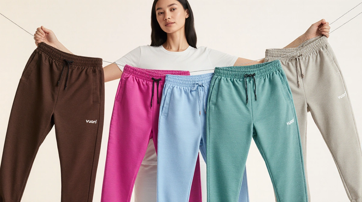 Woman holding colorful Vuori Performance Joggers with soft pastel backgrounds and fabric texture details