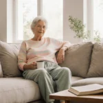 Woman relaxes on sofa wearing Vuori joggers and pastel top with coffee and books nearby