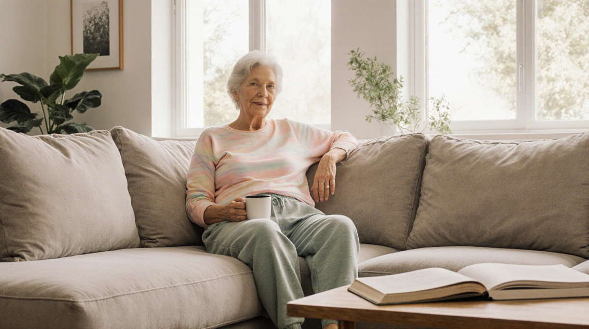 Woman relaxes on sofa wearing Vuori joggers and pastel top with coffee and books nearby