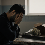 Man sits with hands covering his face and head bowed over a detention center cardboard box with wilted flowers.