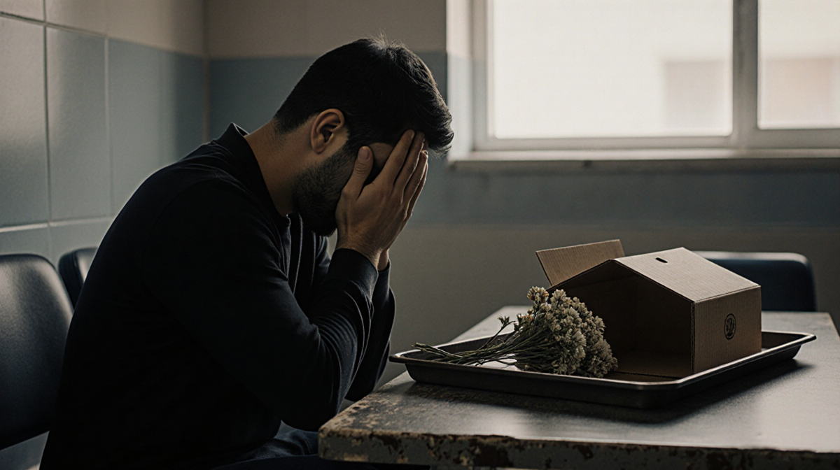 Man sits with hands covering his face and head bowed over a detention center cardboard box with wilted flowers.