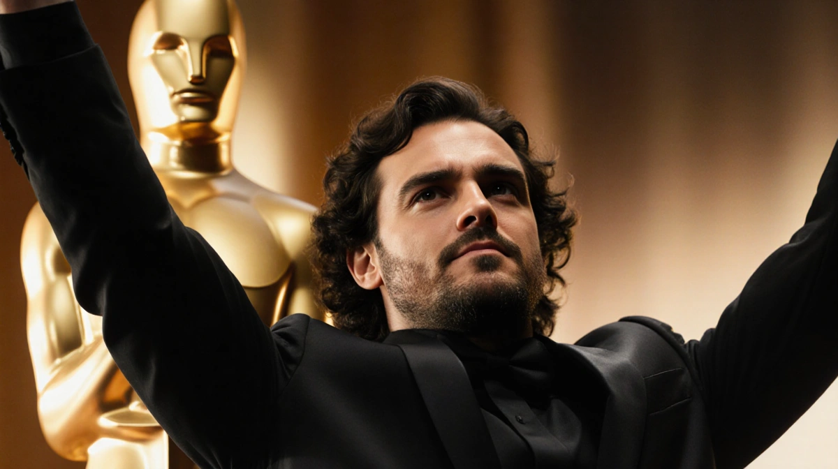 Wagner Moura celebrating with arms raised and Golden Globe award in hand with elegant attire and golden background