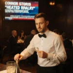 Waiter mixing cocktail behind bar with TV showing Connor Storrie news in dimly lit restaurant