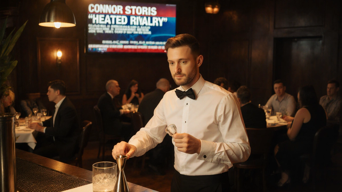 Waiter mixing cocktail behind bar with TV showing Connor Storrie news in dimly lit restaurant
