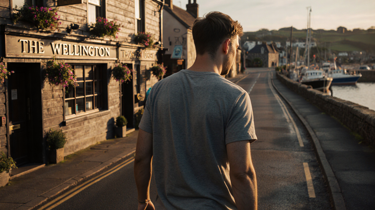 Walking figure approaching Boscastle Harbour with the warm wooden façade of The Wellington pub blurred in the background