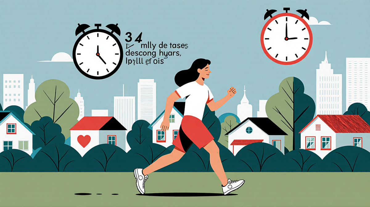 Person briskly walking with arms extended while a clock shows 34 seconds ticking heart disease cityscape in background