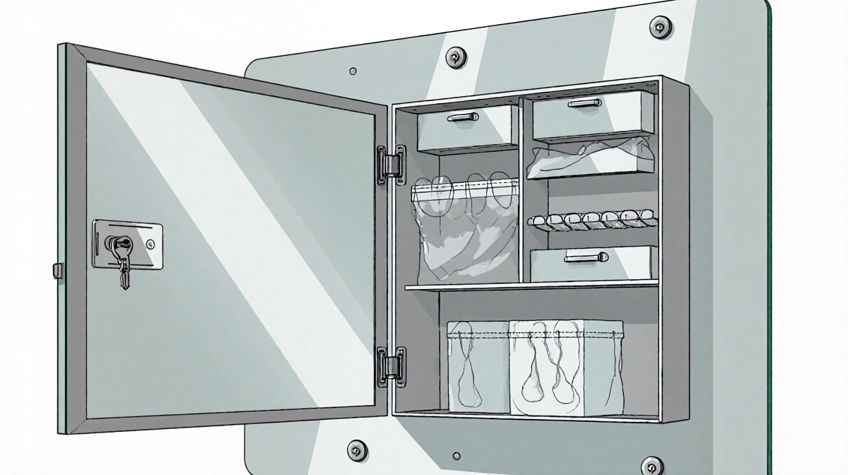 Wall-mounted jewelry cabinet opens to reveal organized drawers and pouches with lockable front panel and mirror surface
