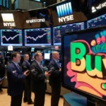 Diverse investors celebrate rising S&P 500 on trading floor with buy sign and glowing screens