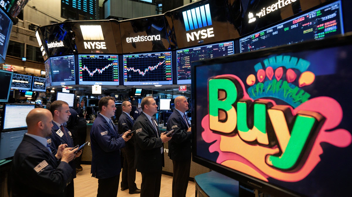 Diverse investors celebrate rising S&P 500 on trading floor with buy sign and glowing screens