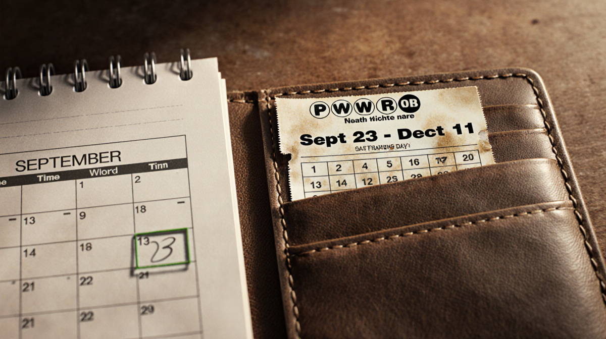 Wallet holding a faded Powerball ticket with worn leather and a marked calendar page