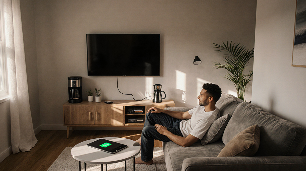 Adult sits on plush couch with smart TV and coffee maker illustrating affordable Walmart deals in a cozy living room