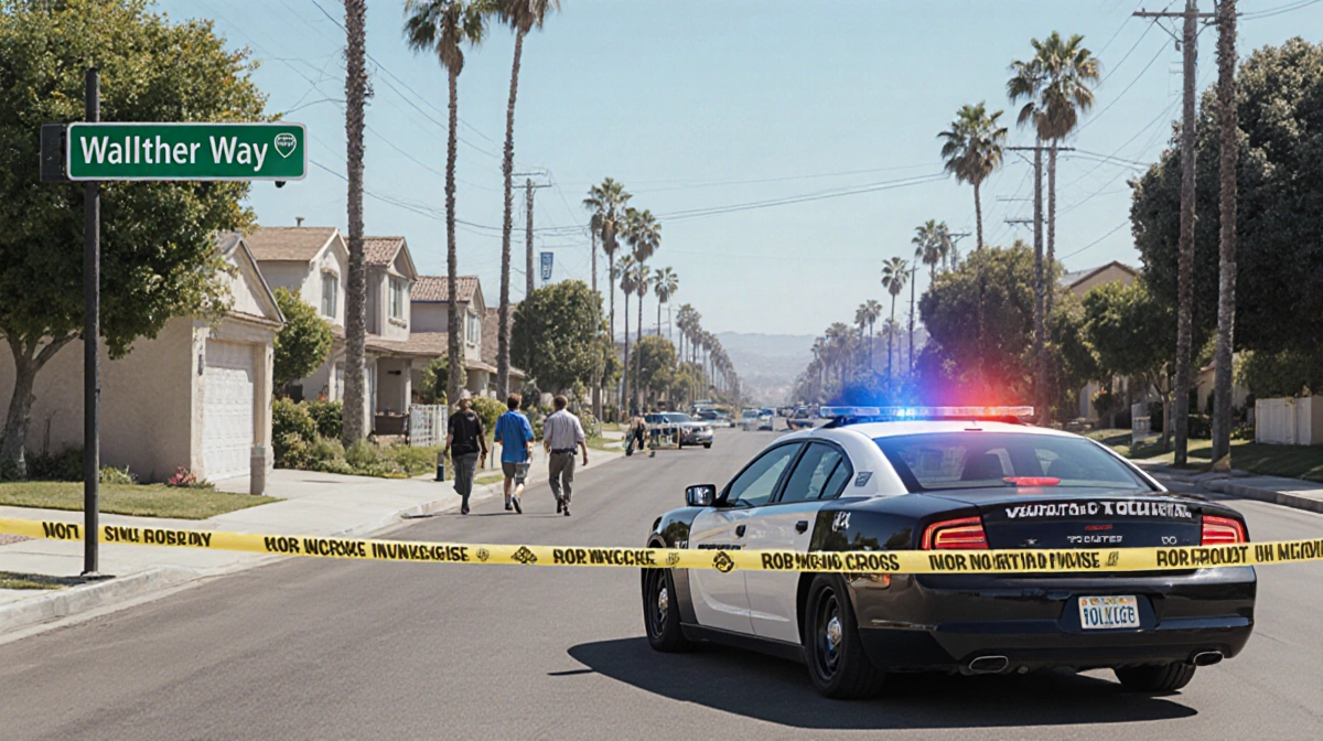 Police car responding to robbery with sirens flashing on Walther Way and pedestrians walking away.