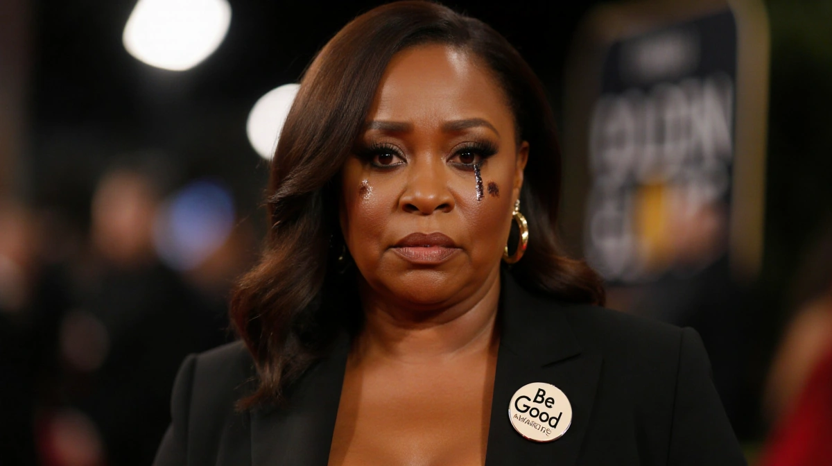 Wanda Sykes wearing Be Good pin with emotional expression and blurred red carpet behind