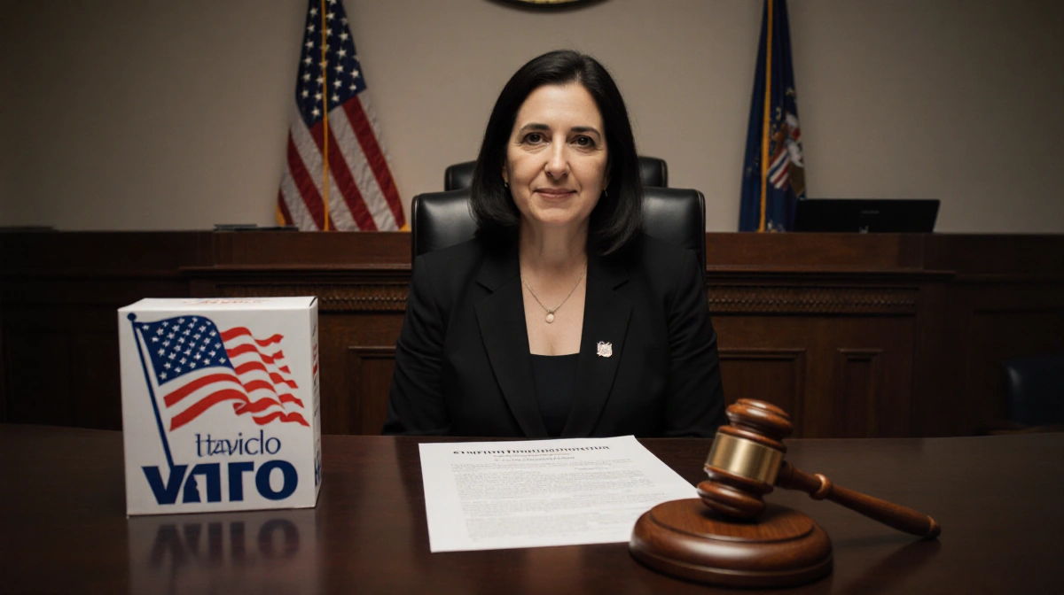 Wanda Vázquez sitting in courtroom with judge's bench and gavel behind campaign finance violation document
