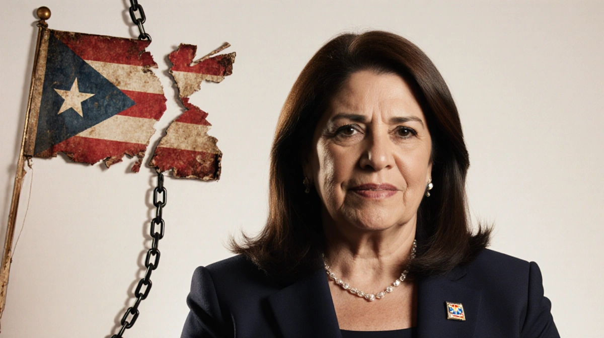 Wanda Vázquez stands before faded American flag with broken chain showing relief and gratitude