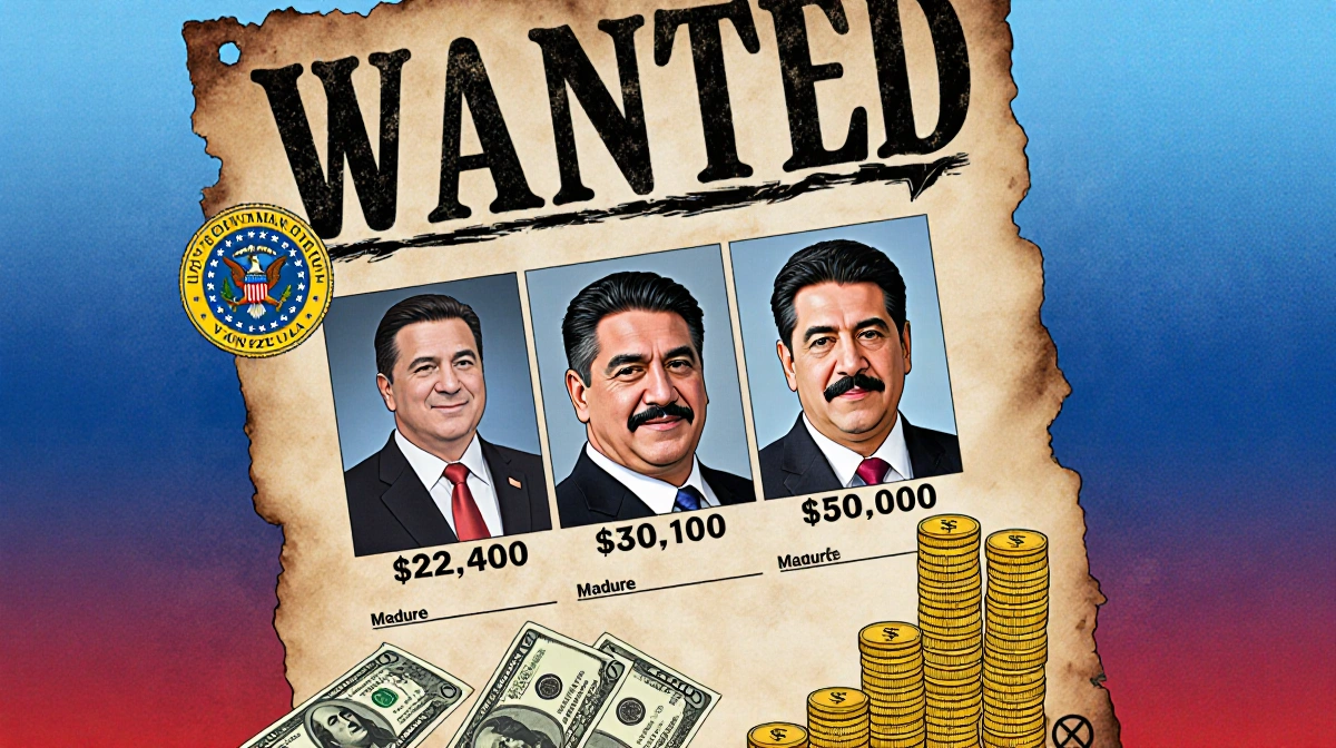 Illustrated wanted poster showing Venezuelan officials faces collage with U.S. seal and gold coin stacks on blue-red gradient