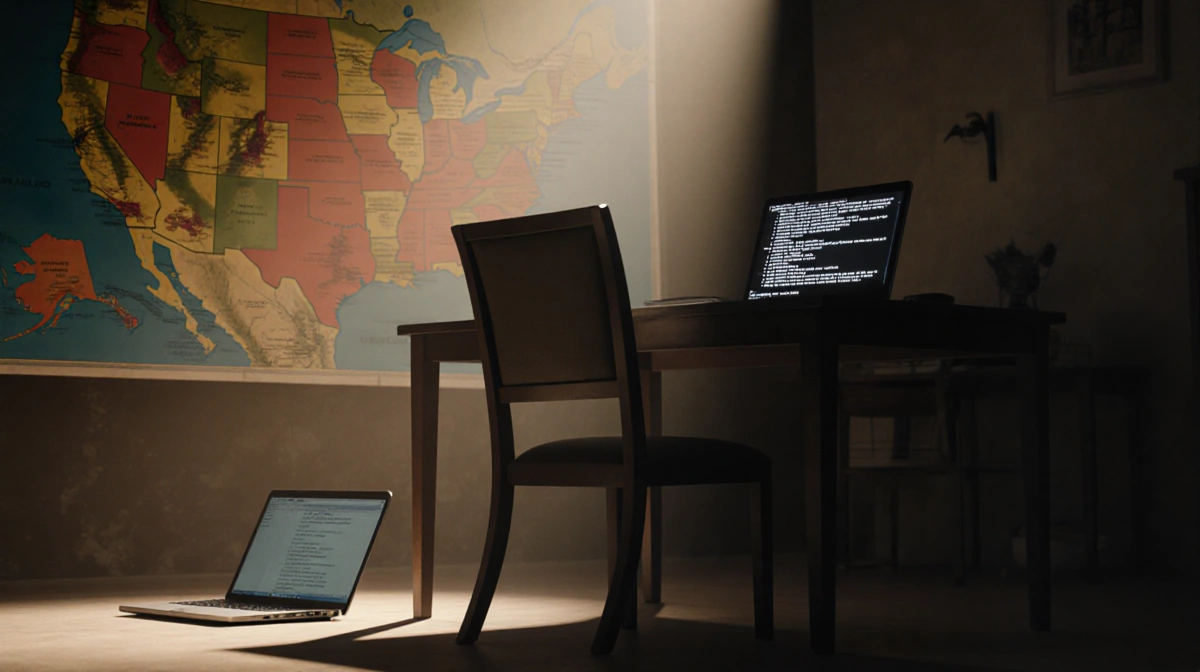 Abandoned chair pushed back from war room table with open laptop showing error messages and US map on wall