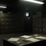 Warehouse lit by fluorescent light with file cabinets and a desk with papers and a clock marked with a red X on January 20