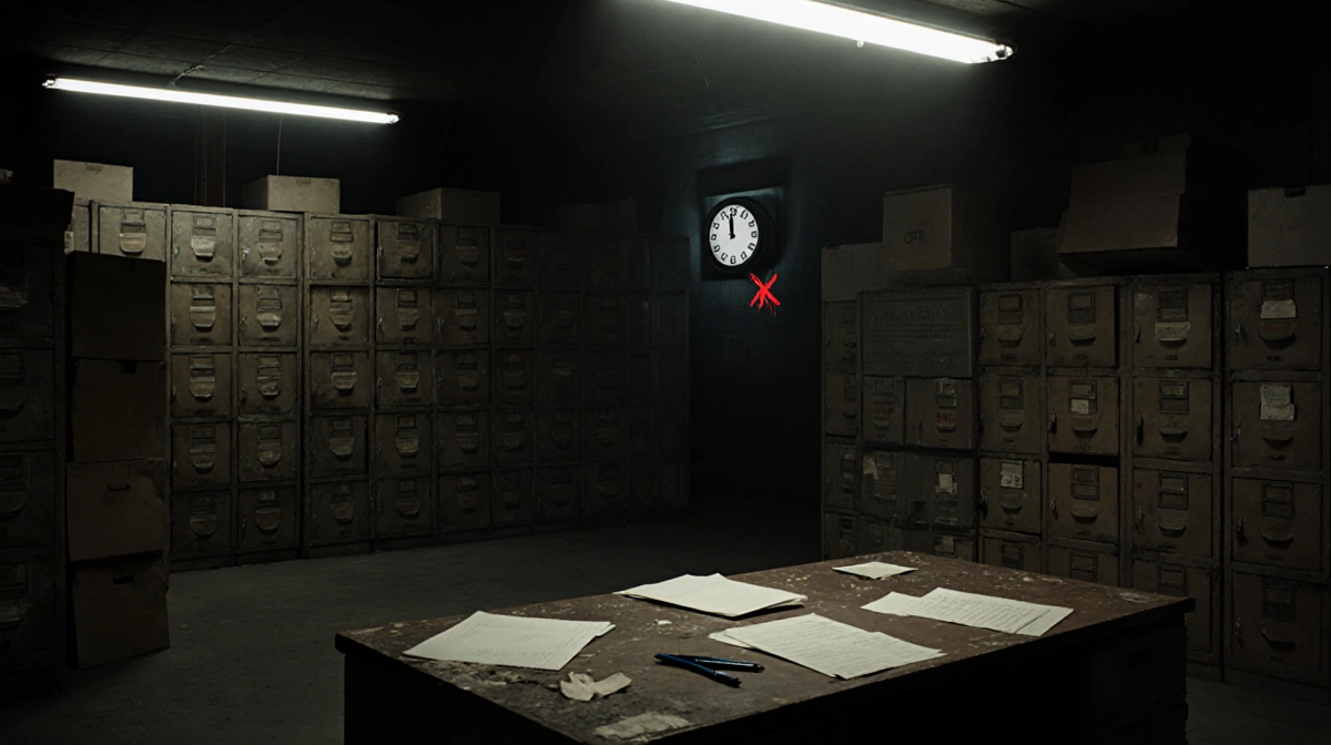 Warehouse lit by fluorescent light with file cabinets and a desk with papers and a clock marked with a red X on January 20