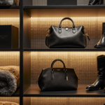 Warehouse shelves showcase discounted products with golden light illuminating a plush throw blanket and a statement handbag