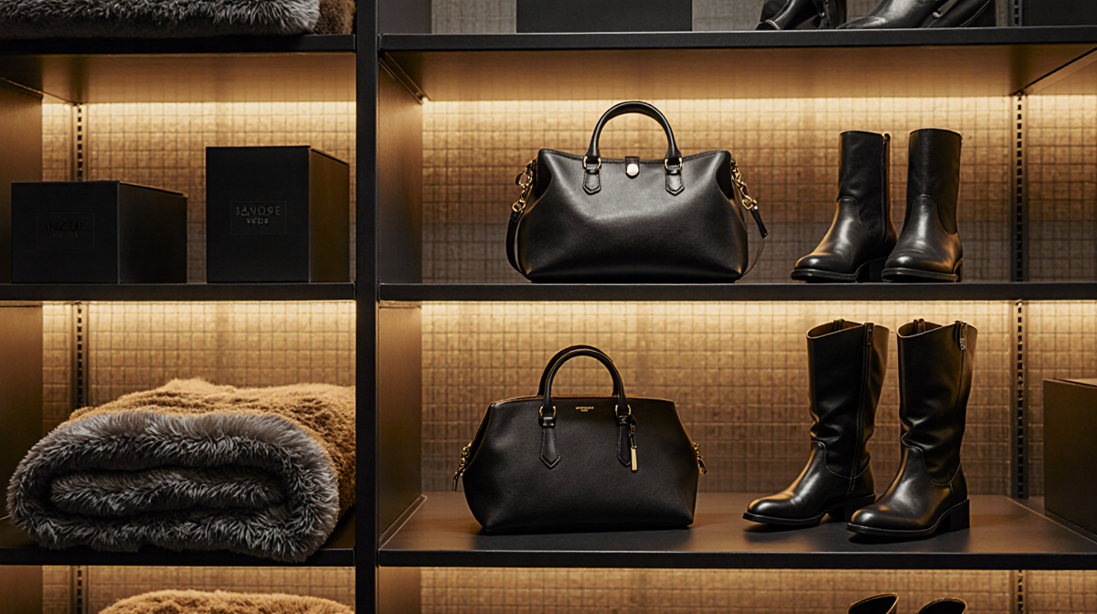 Warehouse shelves showcase discounted products with golden light illuminating a plush throw blanket and a statement handbag