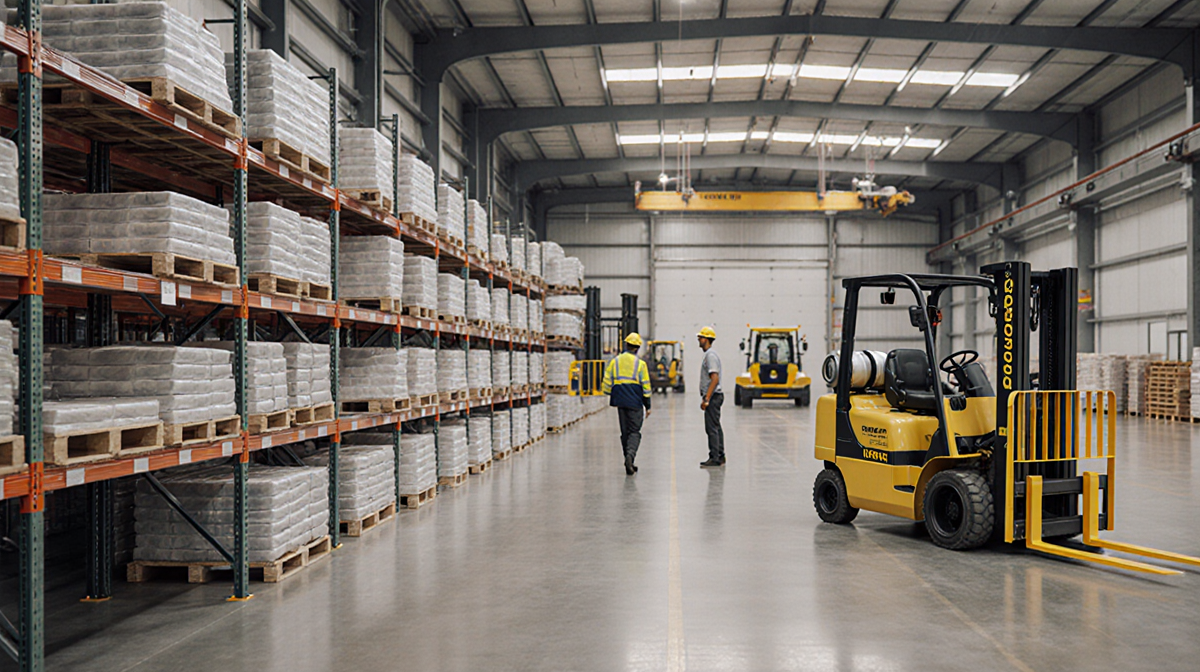 Forklift lifting pallets of pre-fabricated components in a warehouse with blurred construction vehicles and automotive hints