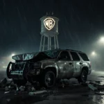 Crashed car sits on wet asphalt with Warner Bros water tower looming behind and police lights flashing through rain
