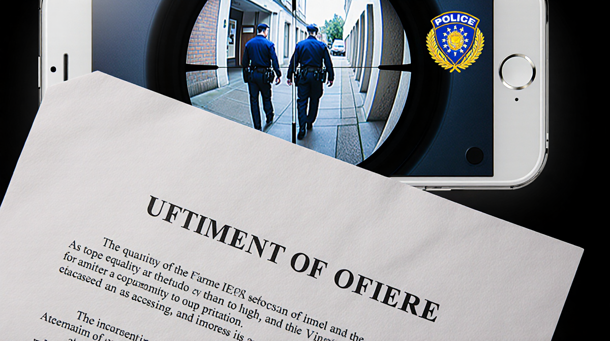 Warrant overlaying smartphone screen with home security footage and police badge in background.