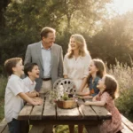 Warren Beatty and Annette Bening smiling with children at picnic table surrounded by wildflowers