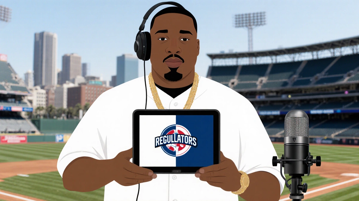 Warren G recording video endorsement with tablet showing baseball logo and Long Beach stadium blurred behind