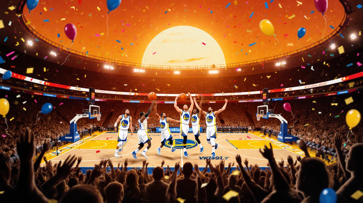 Golden State Warriors celebrating victory with confetti falling and orange sunset lighting up Oracle Arena court