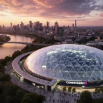 Fans walk toward the new Washington Commanders domed stadium with sunset glowing on glass roof and DC skyline behind