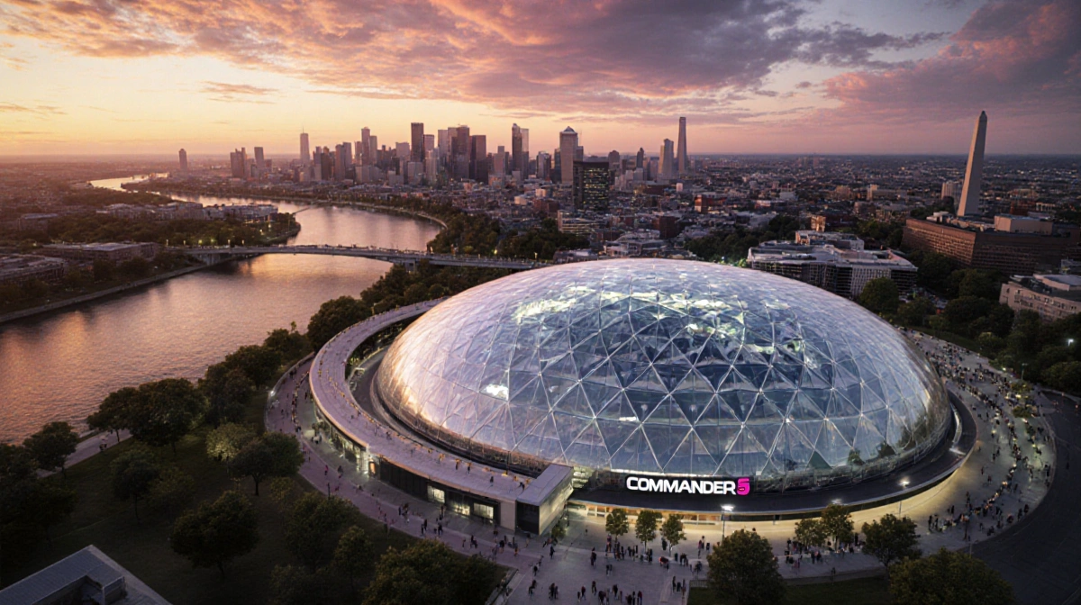 Fans walk toward the new Washington Commanders domed stadium with sunset glowing on glass roof and DC skyline behind