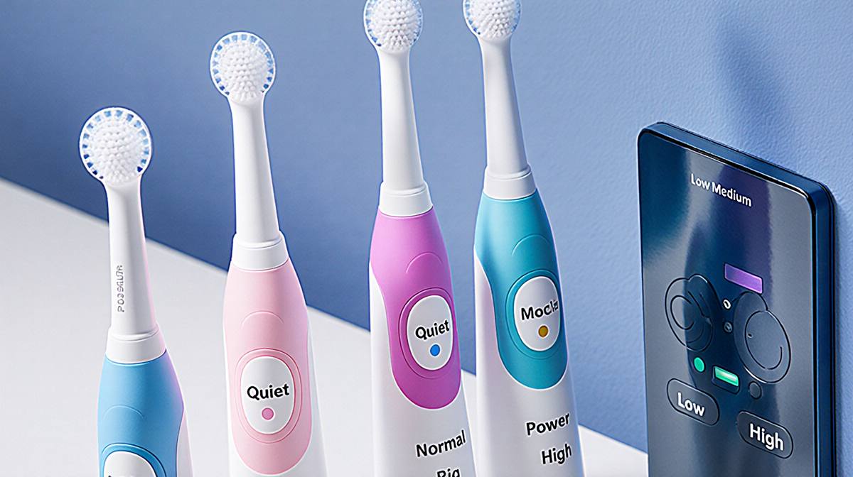 Four water flosser nozzles in a grid with Quiet Normal Power Rapid labels low medium high pressure indicators calm gradient.