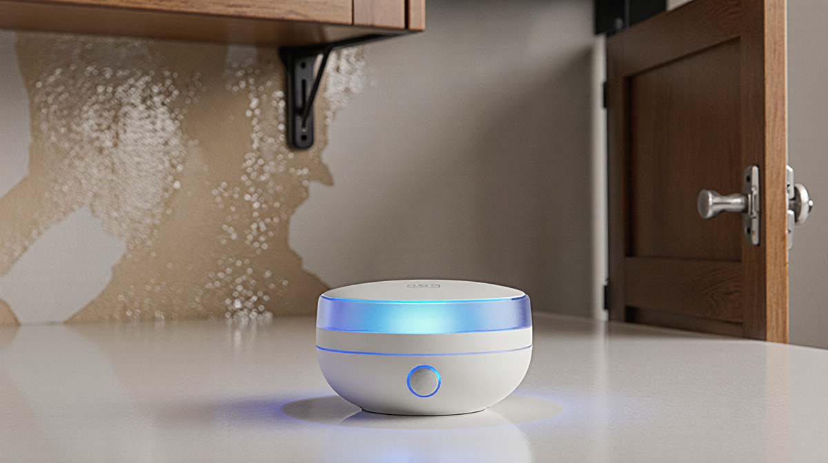 Smart home water sensor glows with blue LED on white countertop and faint water damage on cabinet wall