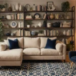 Plush beige sectional sofa sits before floor-to-ceiling bookshelf with vintage books and potted plants creating cozy home dec