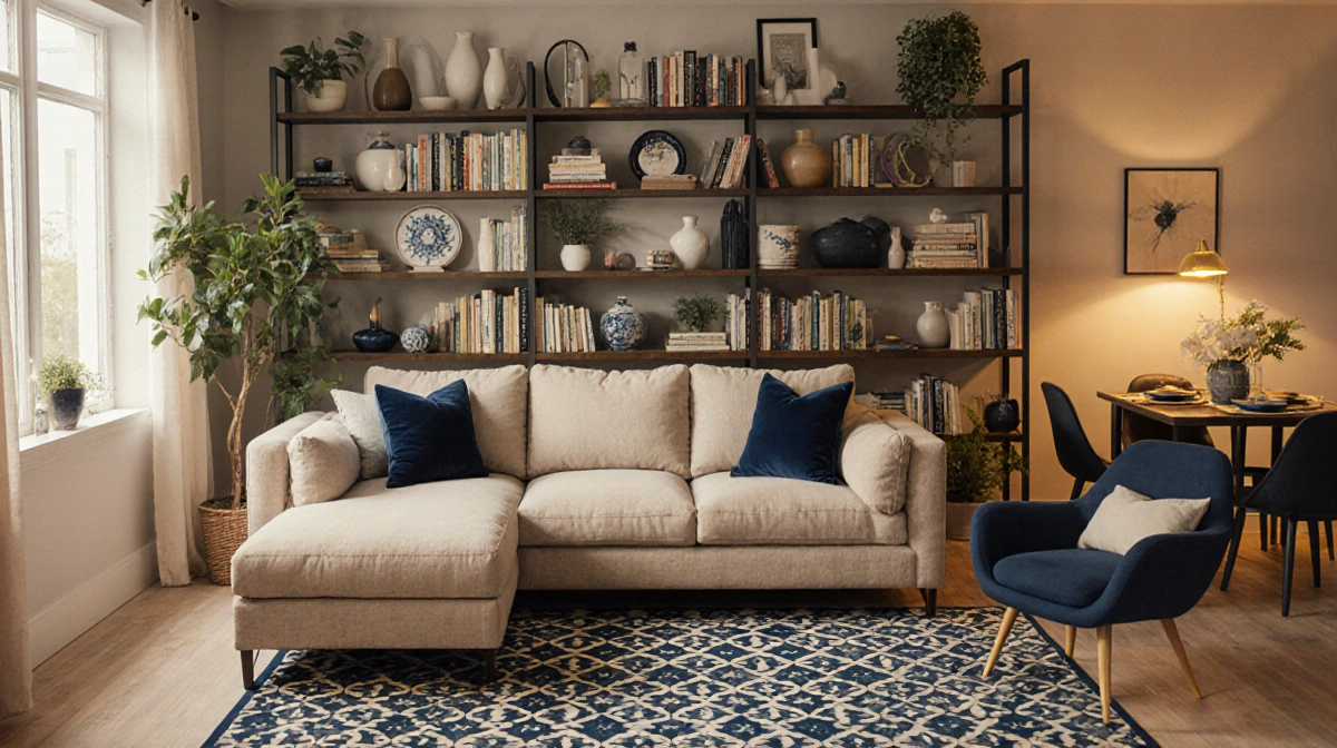 Plush beige sectional sofa sits before floor-to-ceiling bookshelf with vintage books and potted plants creating cozy home dec