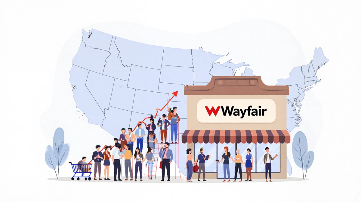 Shopping cart filling with Wayfair packages as customers shop with US map in background