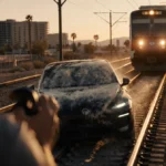Self-driving car stuck on Phoenix light rail tracks with train headlights approaching and panicked driver trying to escape