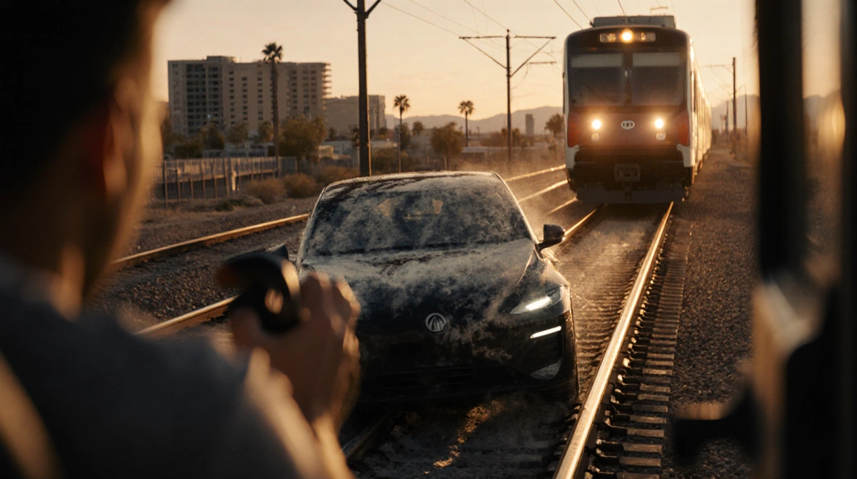 Self-driving car stuck on Phoenix light rail tracks with train headlights approaching and panicked driver trying to escape