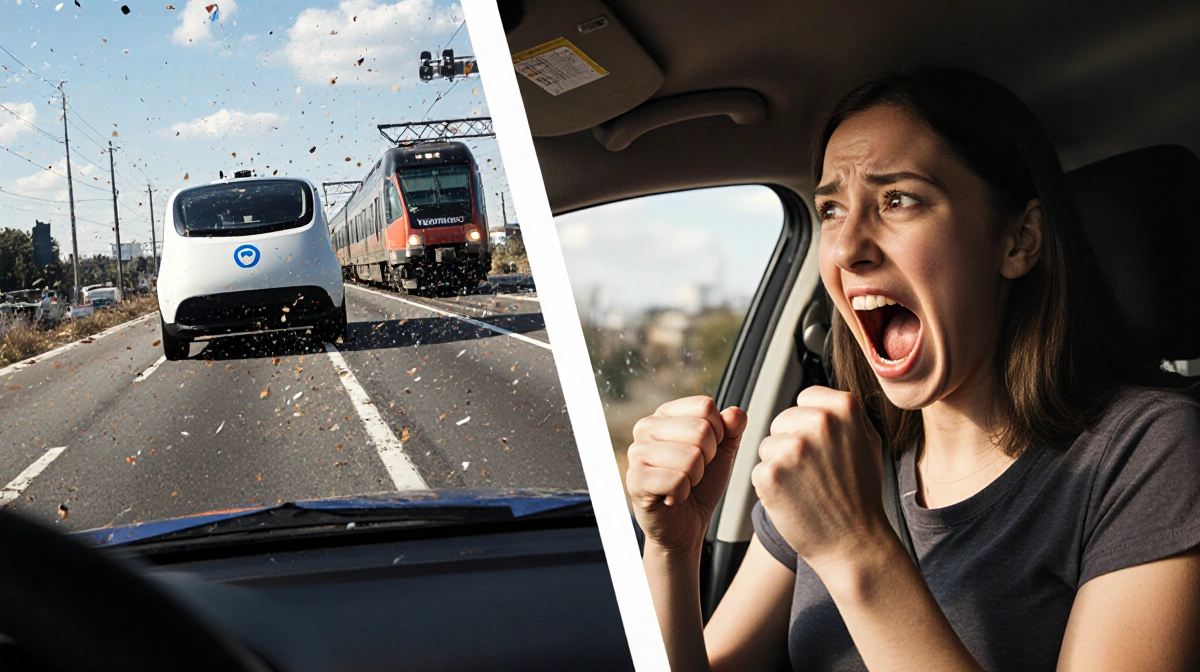 Waymo self-driving car swerving into oncoming traffic with terrified woman passenger and approaching train in background